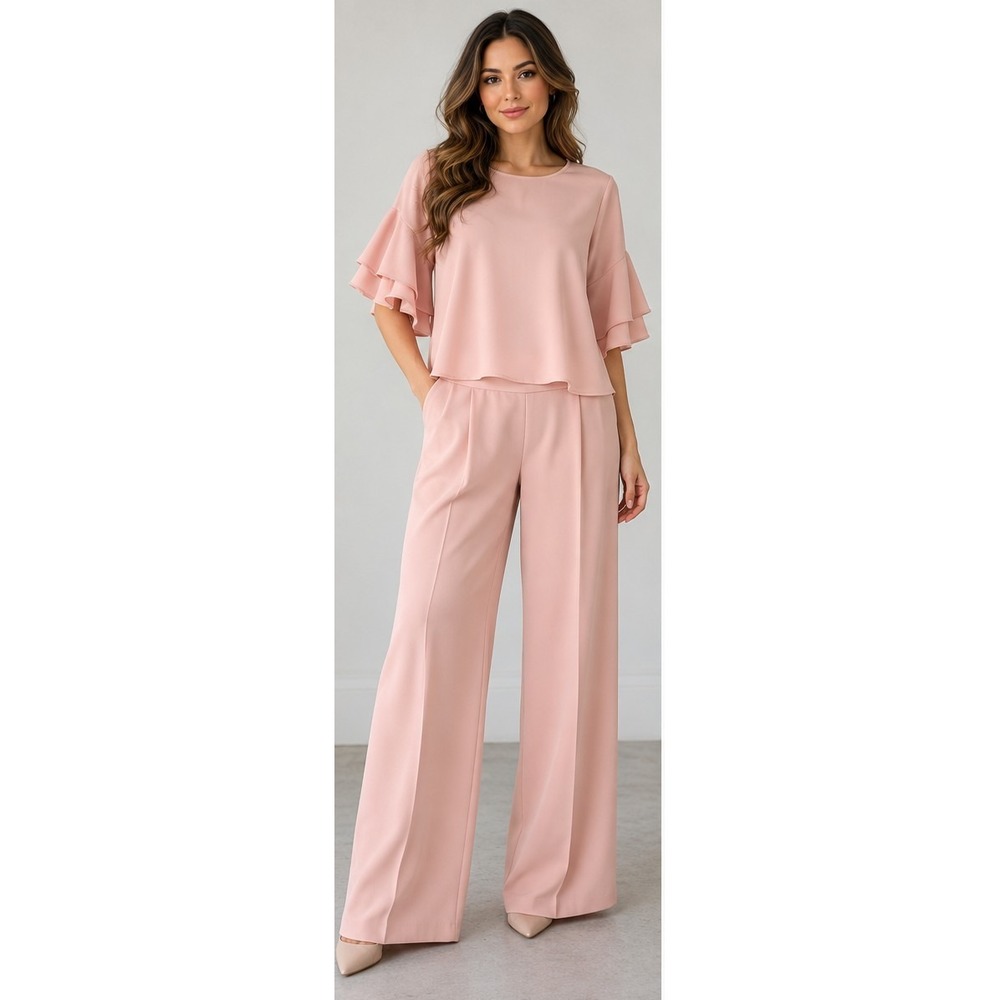 ZARA WOMAN Women's S Pink 2 Piece Blouse Wide Leg Pants Set Flutter Sleeve
